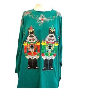 Womens 2X Green Nutcracker Sequin Paint Jeweled Long Sleeve T Shirt Vintage